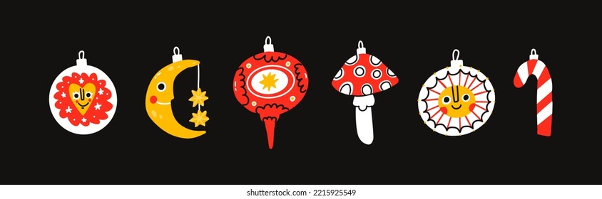 Christmas toys   balls moon   mushroom  Different shapes new year decorations  Cartoon Hand Draw Vector illustration Traditional new year celebration accessories white background  