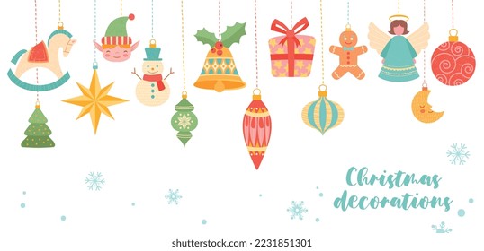 Christmas toys banner. Design for invitation and greeting postcard. Winter holidays and new year. Decoration for apartment and house. Snowman, star and horse. Cartoon flat vector illustration