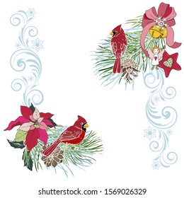 Christmas toys, birds cardinals and winter plants, Christmas design template, vector illustration