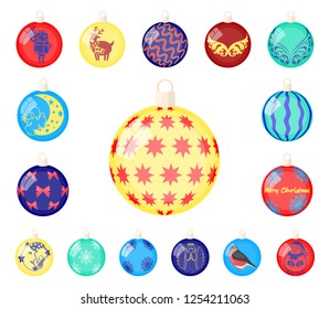 Christmas toys cartoon icons in set collection for design.New Year balls vector symbol stock web illustration.