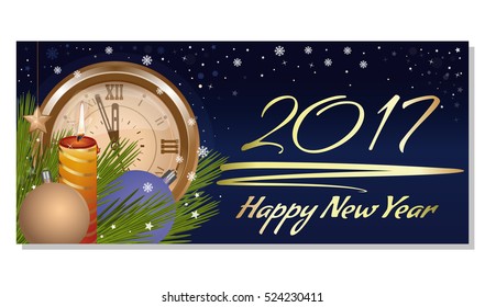 Christmas toys, clock, falling snow and burning candle against the night winter sky. Happy New Year 2017. Vector horizontal banner