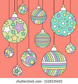 Christmas toys, Christmas coloring, vector postcard.