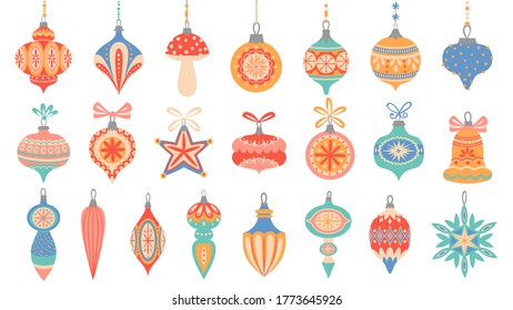 Christmas Toys. Cute Xmas Decorative Elements, Holiday Winter Toys With Lace Ornament And Garlands, New Year Decorations Cartoon Vector Set Of Different Shape And Colors. Holiday Objects