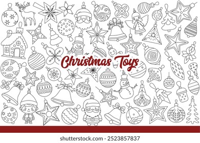 Christmas toys for decorating fir tree or fireplace and creating festive interior. Christmas toys in shape of snowman or animals and classic new year balls with simple ornament. Hand drawn.