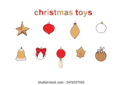 Christmas toys and decorations in different shapes and colors icons set isolated vector illustration
