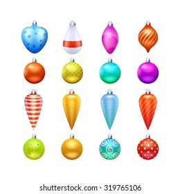 Christmas toys and decorations in different shapes and colors realistic icons set isolated vector illustration 