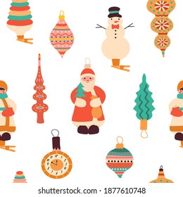 Christmas toys decorations flat vector seamless pattern. Traditional winter holiday cartoon texture. Decorative xmas illustration. New year backdrop. Festive wrapping paper, wallpaper design