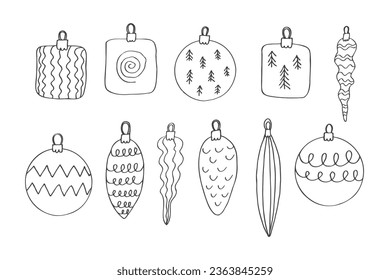 Christmas toys doodle set minimalist style vector illustration. Ink drawn festive toy balls template for congratulations winter holidays. Boho style background design element for print, card, paper