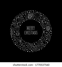 Christmas toys. Doodle style.  Glass ball. Striped balls. Star for the tree. Cone shapes. An angel with wings. Vector isolated illustration with Christmas toys on a black background.  