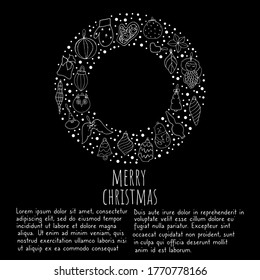 Christmas toys. Doodle style.  Glass ball. Striped balls. Star for the tree. Cone shapes. Vector isolated illustration with Christmas toys on a black background.  An angel with wings. 