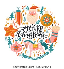 Christmas toys, fir-tree, leaves, star and lettering. Happy New Year composition in round shape. Winter Holidays collection for postcard, banner, invitation, sticker etc. Vector illustration.