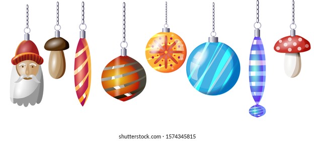 Christmas toys flat vector set. Tree decorations illustration with typography. New year celebration accessories on white background. Decorative toys, balls, Santa, mushrooms.