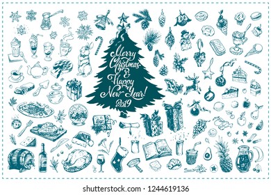Christmas toys, food, drinks and decoration elements hand drawn vector icons set. Vintage sketch doodle isolated on white background for greeting card design