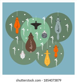 Christmas toys in the form of animals,  cartoon vector animals top view. Forest animals: fox, bear, deer, wolf, hedgehog, hare, crow, squirrel.