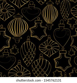 Christmas toys in the form of golden contours on a dark background. New Year pattern. Set of Christmas toys. Merry Cristmas. Seamless pattern.