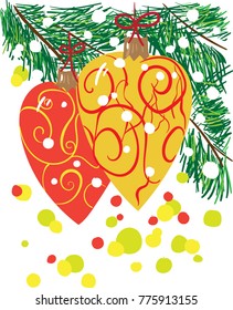 Christmas toys in the form of hearts adorn the pine branch. Red and yellow glass balls on a background of green trees. Colored vector illustration for postcards, brochures, booklets and posters.