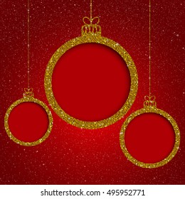 Christmas toys frames goldsequins, glitters, sparkles, paillettes. Holiday, party banner or background with shiny sequins. Red starry night with tree toy. Christmas and New Year bright frame.