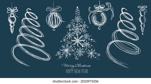 Christmas toys, fur-tree , hand drawn illustration. Vector.