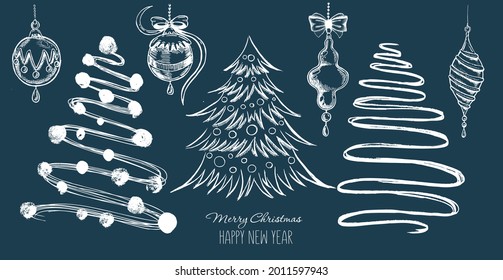 Christmas toys, fur-tree , hand drawn illustration. Vector.