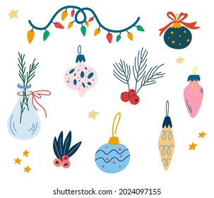 Juguetes y guirnaldas de Navidad. Elementos decorativos, juguetes de abetos, campanas, estrellas, ramas de abeto y bayas. Vacaciones de invierno. Símbolos de Navidad. Accesorios de año nuevo. Ilustración vectorial