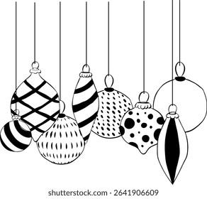 Christmas toys glass baubles black and white composition isolated. Vector graphic line ink illustration. design for fashion graphics, textile prints, fabrics, wallpapers.

