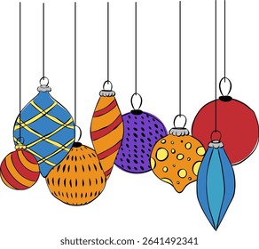 Christmas toys glass baubles composition isolated. Vector graphic line ink illustration. design for fashion graphics, textile prints, fabrics, wallpapers.
