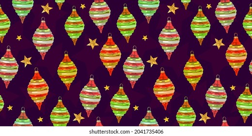 Christmas toys and golden stars vector seamless pattern