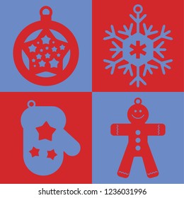 Christmas toys greeting card template red and blue icon vector illustration