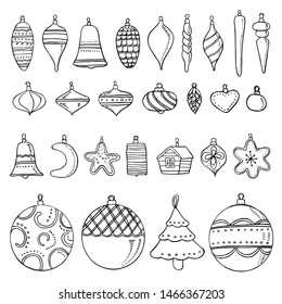 Christmas toys. Hand drawn outline vector illustration set of New Year decorations isolated black on white background