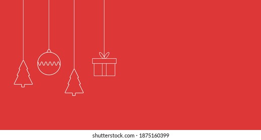 Christmas toys hang on a string. Line Art. Empty space for text.