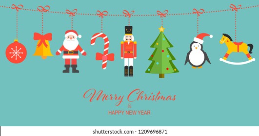 Christmas Toys Hanging On Red Rope Isolated Background Or Banner. Vector Illustration