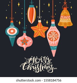 Christmas toys hanging on a rope with a bow. Happy New Year template for greeting card, poster, banner, invitation etc. Vector illustration with creative lettering on black background.