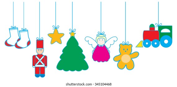 Christmas toys hanging on white background.