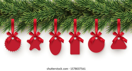 Christmas toys holding on fir tree realistic illustrations set. Winter holidays decorations. New year blank tags, labels with ribbons pack. Various shapes pendants collection isolated on white