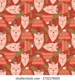 Christmas toys and knitted hat seamless pattern illustration. Trendy style. Vector design template. Design for poster, card, invitation, placard, brochure, flyer.