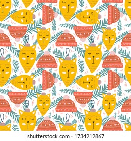 Christmas toys and knitted hat seamless pattern illustration. Trendy style. Vector design template. Design for poster, card, invitation, placard, brochure, flyer.