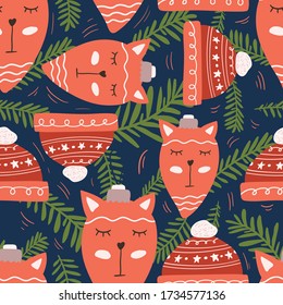 Christmas toys and knitted hat seamless pattern illustration. Trendy style. Vector design template. Design for poster, card, invitation, placard, brochure, flyer.