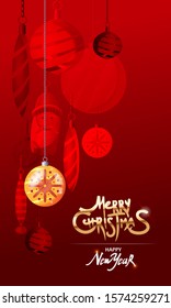 Christmas toys and Merry Christmas text flat vector banner. Tree decorations illustration with typography. New year celebration accessories on red background. Decorative toys, balls, Santa