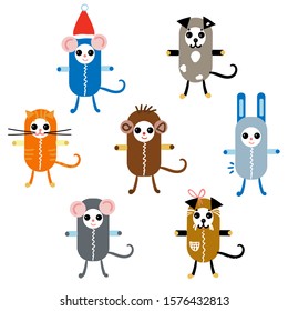 Christmas toys mice, dog, monkey, hare, cat