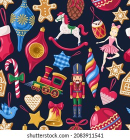 Christmas toys on black background. Seamless pattern.Texture for fabric, wrapping, wallpaper