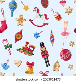 Christmas toys on blue
 background. Seamless pattern.Texture for fabric, wrapping, wallpaper