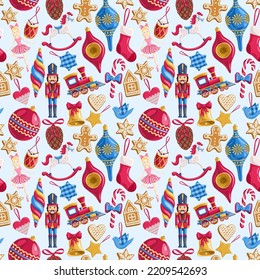 Christmas toys on blue background. Seamless pattern.Texture for fabric, wrapping, wallpaper