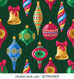 Christmas toys on green background. Seamless pattern.Texture for fabric, wrapping, wallpaper