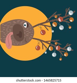 Christmas toys on the horns of a deer. Cute illustration, in cartoon style. Can be used for postcards, avatars. Vector illustration.