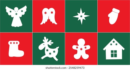 Christmas toys on multi-colored background, set, vector