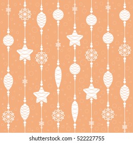 Christmas toys on threads with beads and snowflakes. Seamless background. Pattern. Vector illustration.