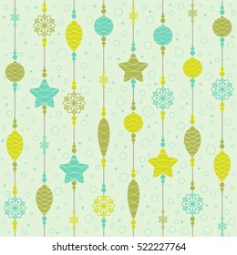Christmas toys on threads with beads and snowflakes. Seamless background. Pattern. Vector illustration.