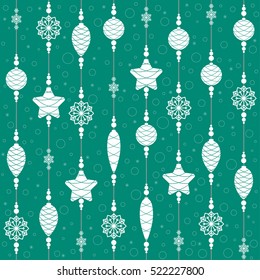 Christmas toys on threads with beads and snowflakes. Seamless background. Pattern. Vector illustration.