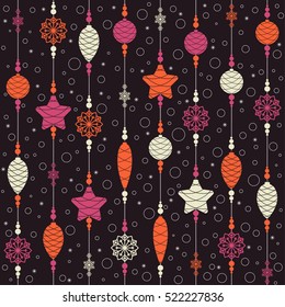 Christmas toys on threads with beads and snowflakes. Seamless background. Pattern. Vector illustration.