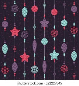 Christmas toys on threads with beads and snowflakes. Seamless background. Pattern. Vector illustration.